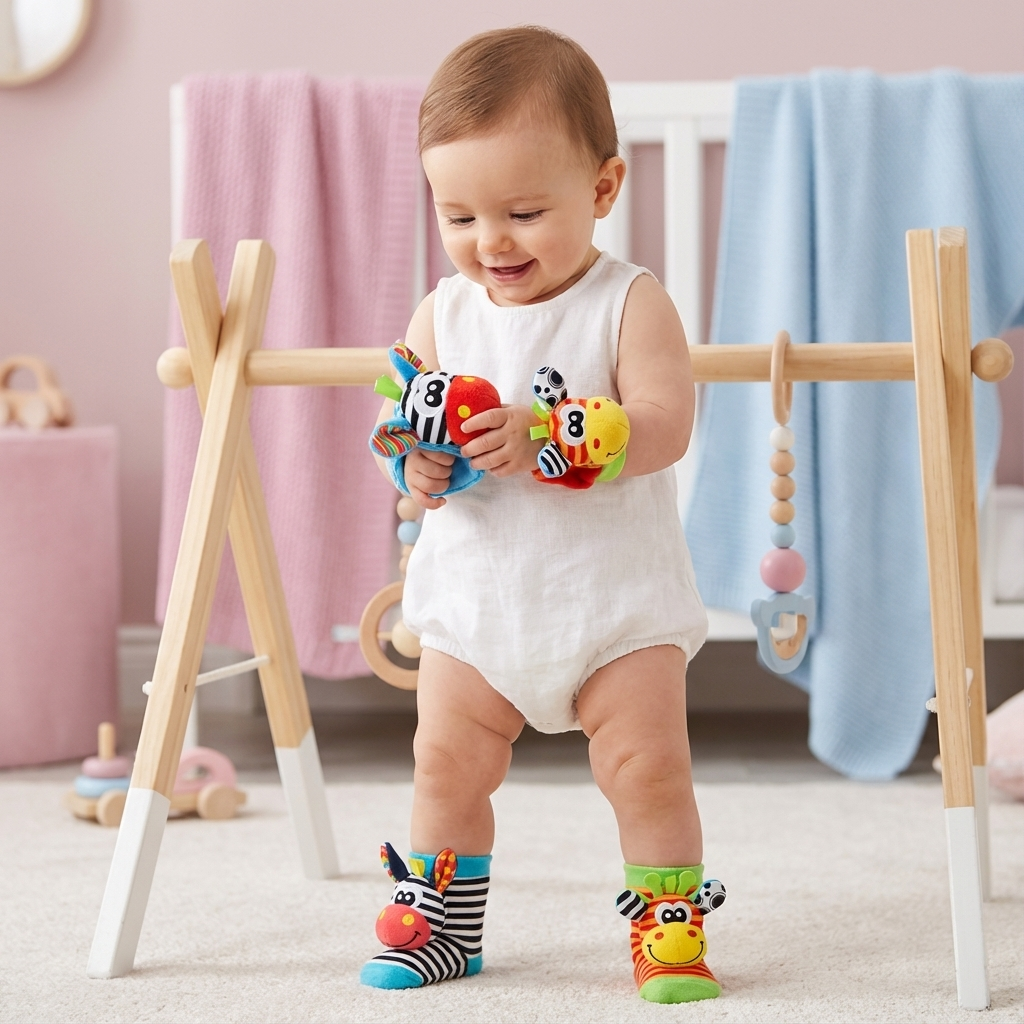“Sensorische baby sokjes en armbandje, een knuffelig speelkameraadje”