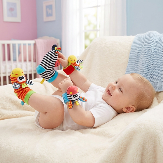 “Sensorische baby sokjes en armbandje, een knuffelig speelkameraadje”